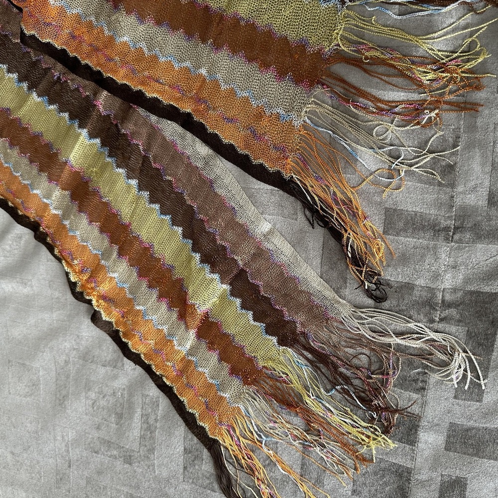 VTG Y2K Chevron Stripe Knit Scarf One Size Brown Yellow Fringe Fall Winterβ Boho